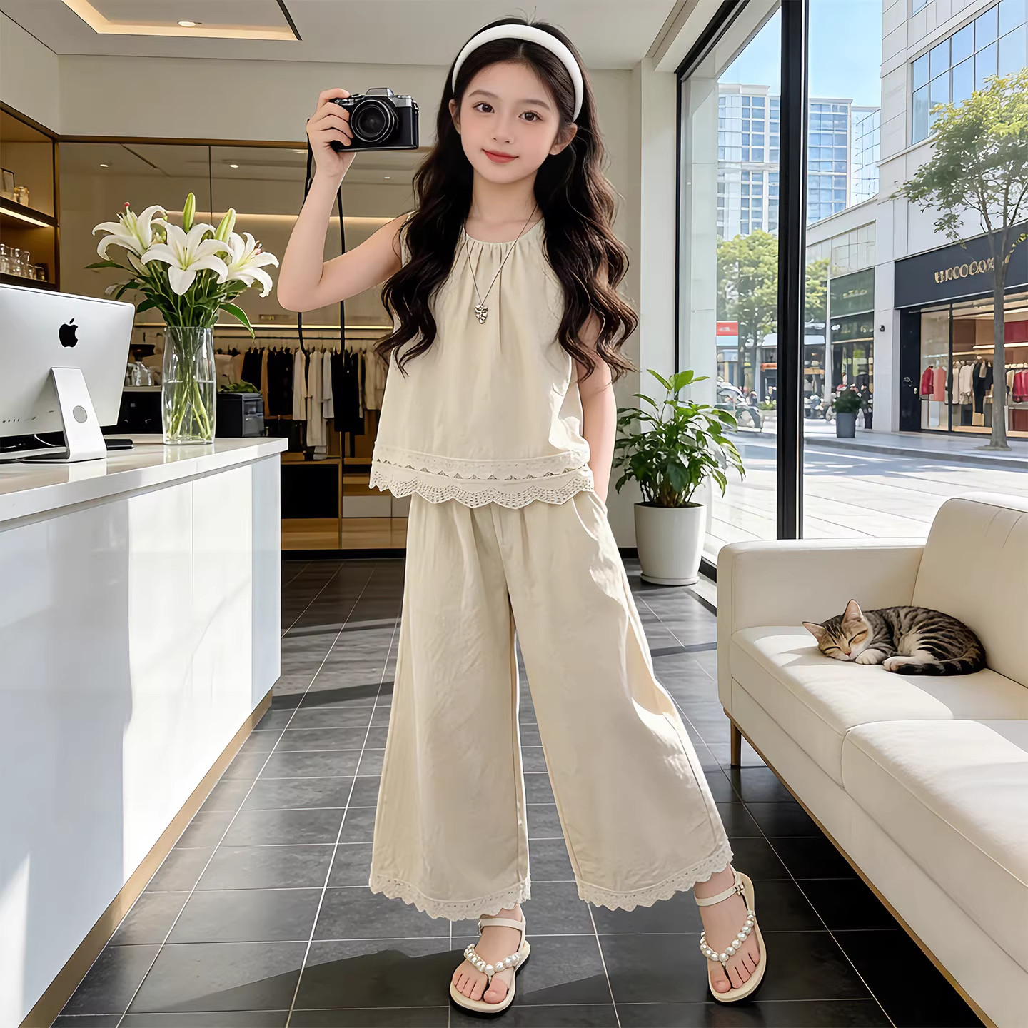DWDZ女童花边无袖T恤九分裤套装2026夏款背心短袖裤子薄款女大童