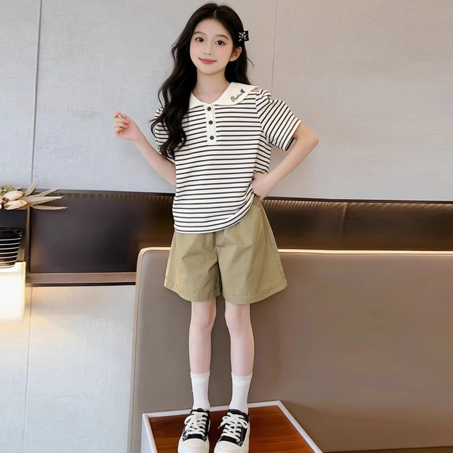 DWDZ女童条纹短袖短裤套装2026夏季新款POLO衫半裤女大童T恤裤子