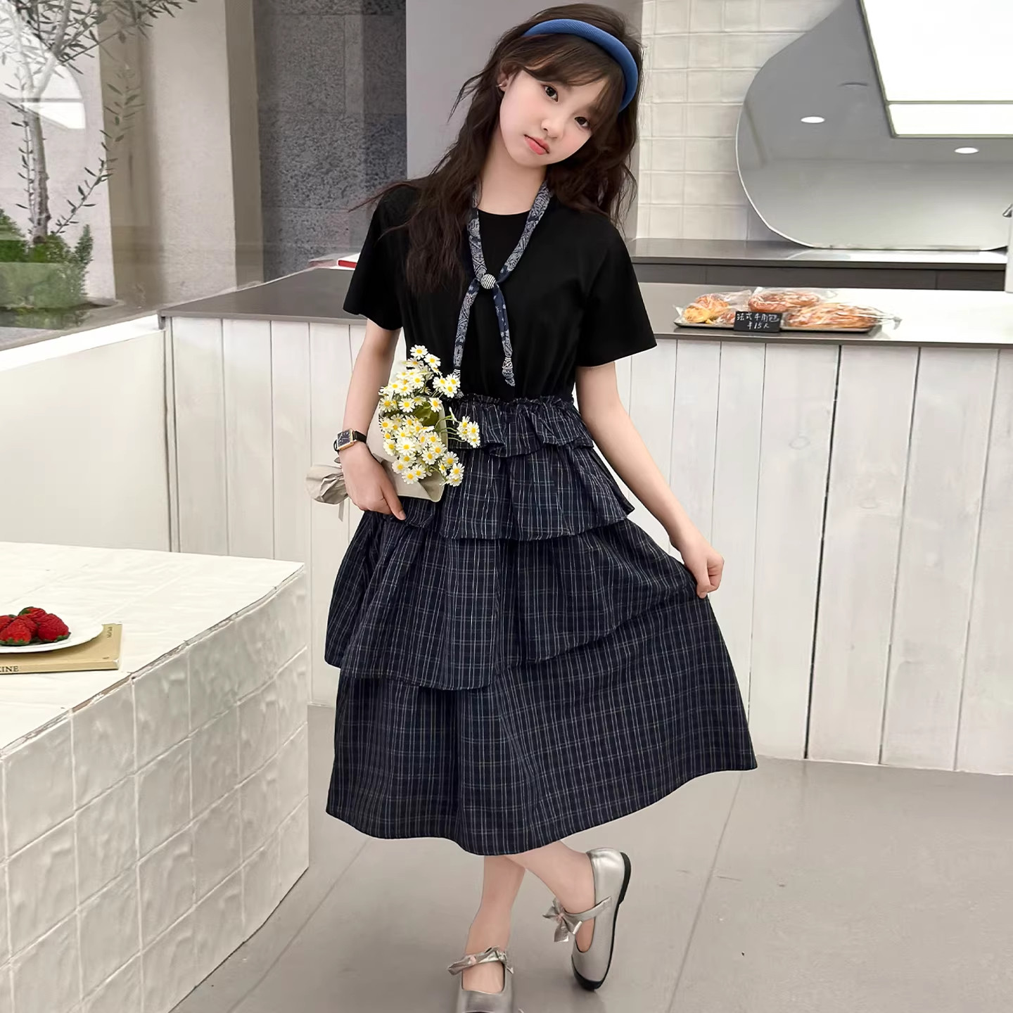 DWDZ女童黑色连衣裙2026夏季新款女大童长裙儿童蛋糕裙拼接裙子