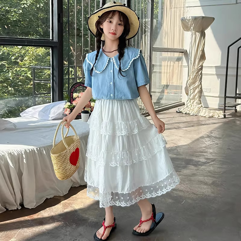 DWDZ2026女童天丝牛仔衬衫蛋糕裙套装新款短袖裙子女孩超仙夏装