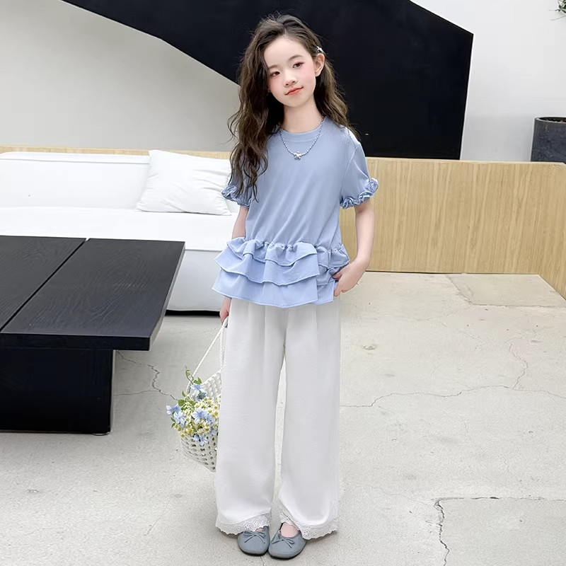 DWDZ女童花边短袖阔腿裤套装2026新款儿童T恤裤子洋气女大童夏装