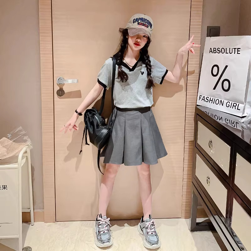 DWDZ新款女童百褶裙套装短袖半身裙儿童学院风T恤女大童夏装