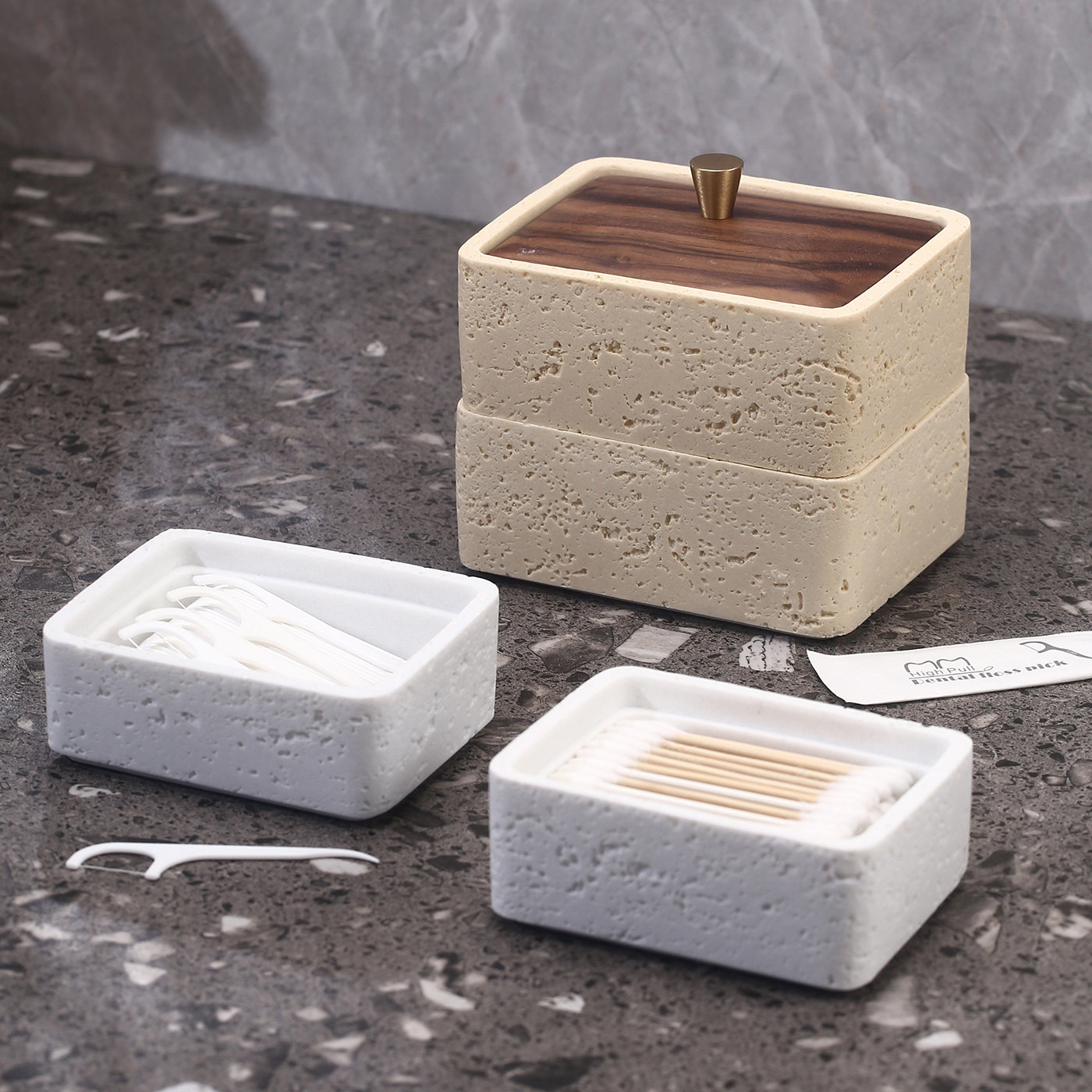 洞石轻奢高级感牙签盒家用高档棉签盒创意牙线棉签二合一收纳盒,收纳整理,牙签盒,淘宝优惠券,粉丝福利购,淘宝优惠卷