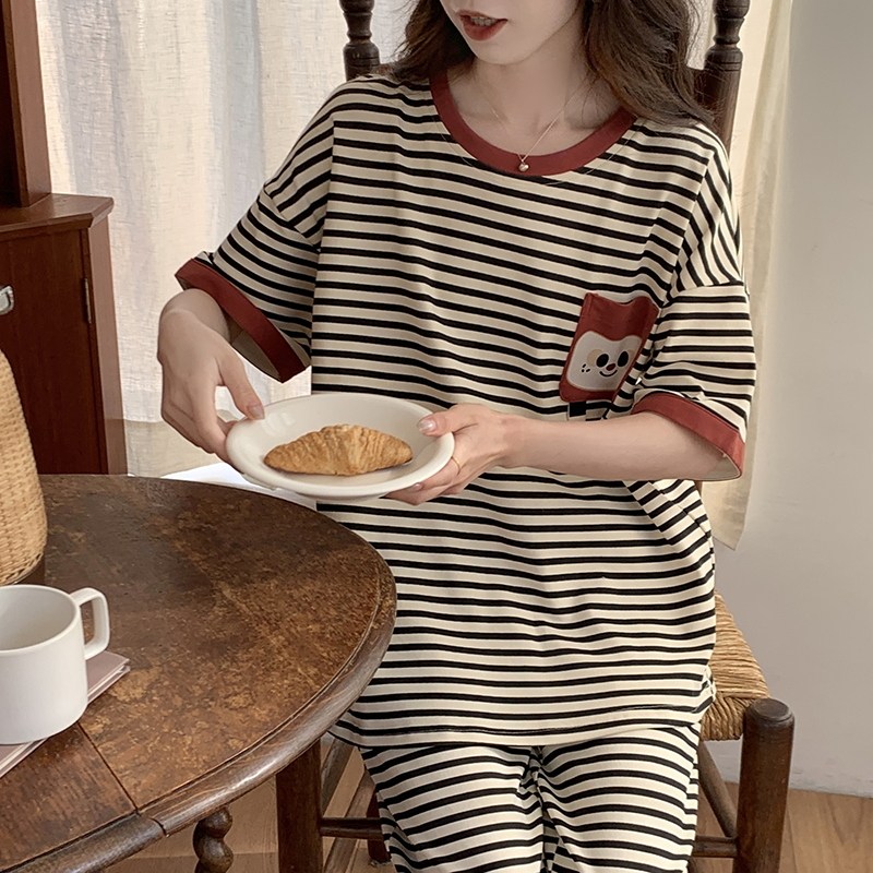 南极人夏季短袖睡衣套装女条纹家居服薄款学生可外穿卡通休闲运动