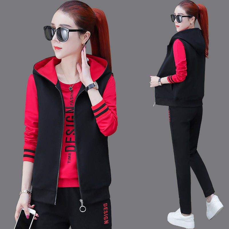 春秋季运动服女套装21新款休闲时尚洋气韩版卫衣跑步女装三件套 E值省
