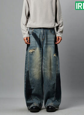 IREX baggy版型水洗蓝复古A型牛仔裤男女涂鸦直筒长裤 白敬亭同款