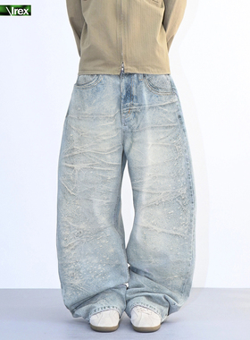 IREX 【明星同款3D牛仔裤】打印烫钻泼墨星光蛛网廓形弯刀裤男女