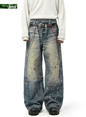 IREX 3D牛仔裤AC风格链条吊坠打印仿泼墨秋季美式街头复古休闲裤