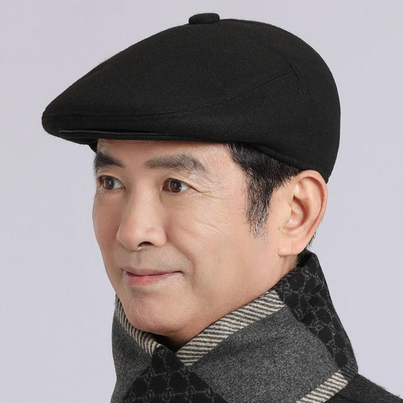 中老年人帽子男秋冬季爷爷爸爸老人前进帽护耳保暖毛呢鸭舌帽围巾
