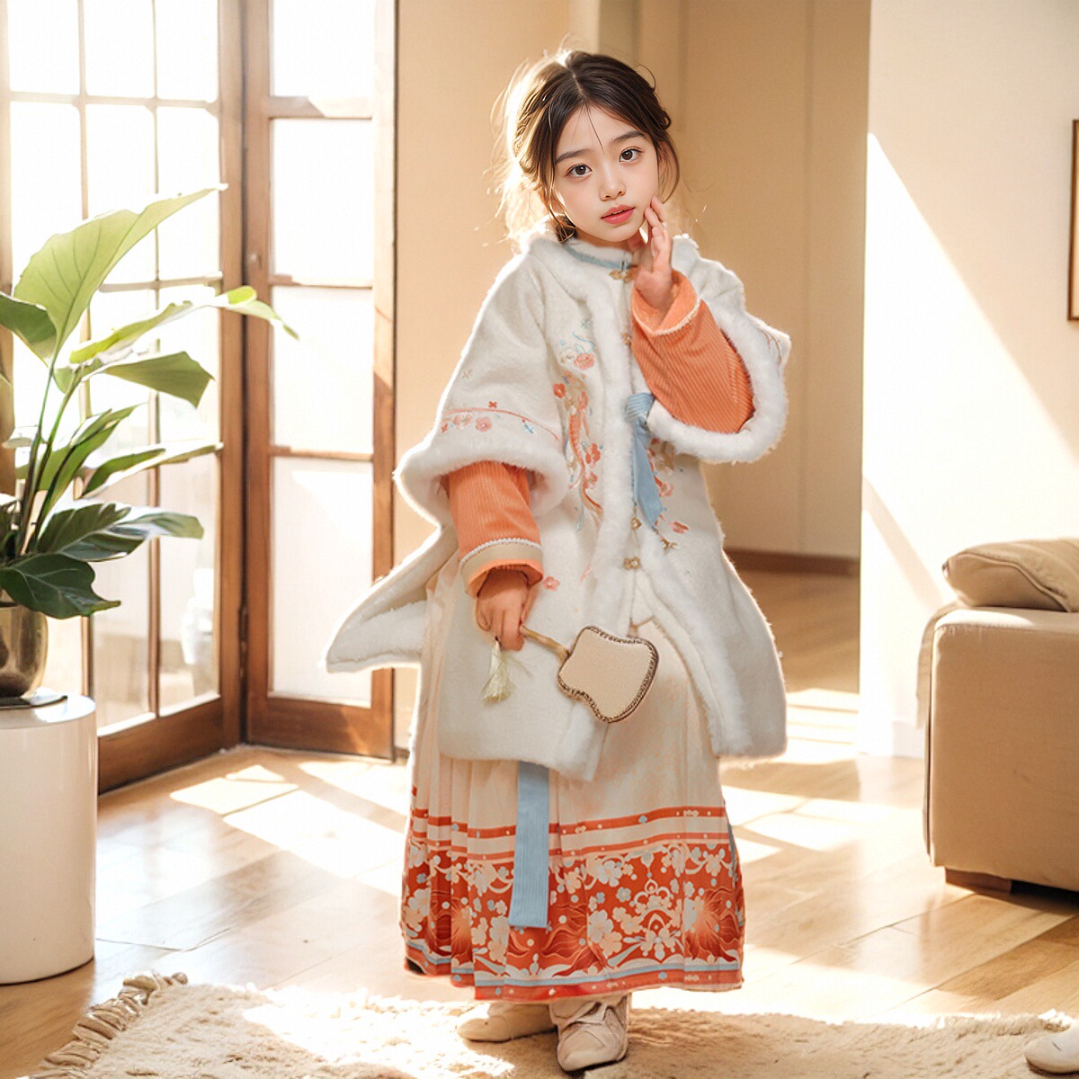 2024新款女童汉服冬季拜年服两件套儿童连衣裙新年衣服中国风唐装