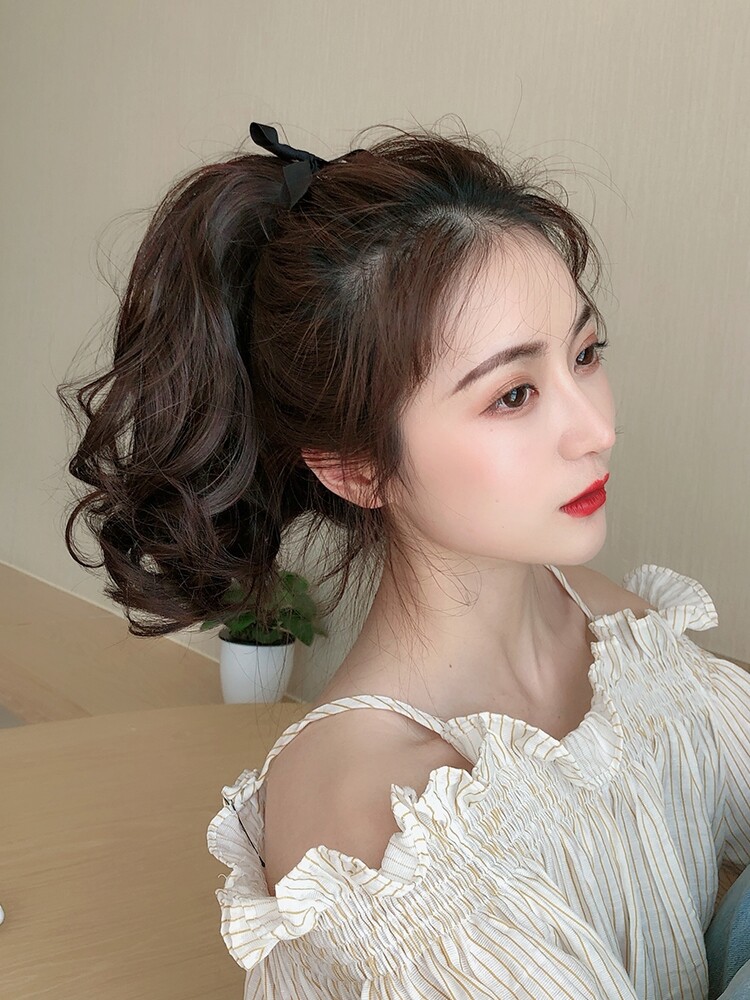 真发马尾全真发长发绑带式甜美日系梨花短款玉米烫卷发自然高马尾