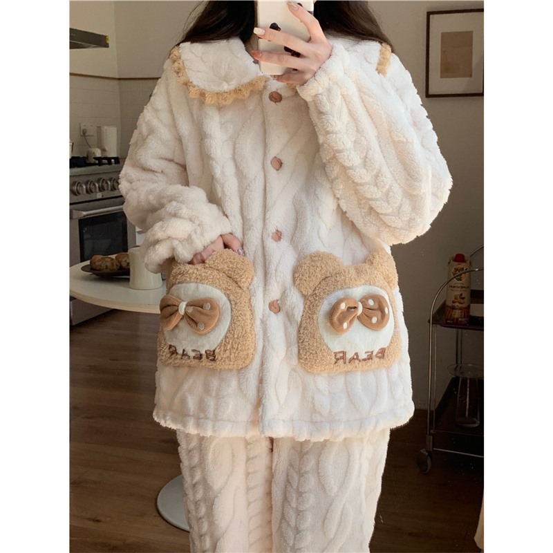 北极绒珊瑚绒睡衣女士冬加厚加绒2025新款开衫可爱卡通家居服套装