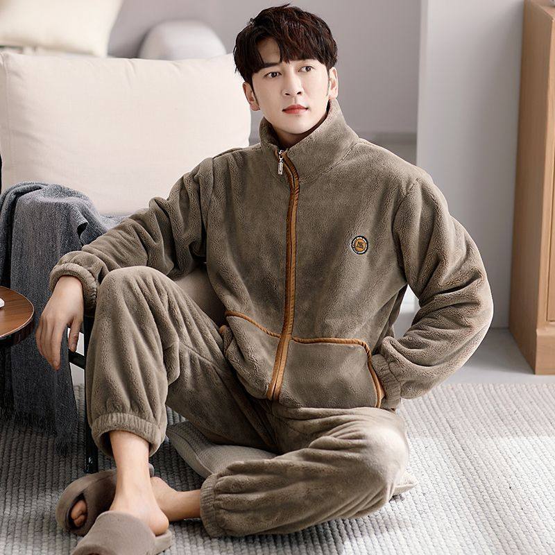 男士睡衣秋冬季珊瑚绒加厚加绒保暖法兰绒冬家居服可外穿