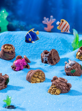 微景观鱼缸造景宝箱海底沉船装饰仿真陶罐钱袋树脂沙滩装饰摆件