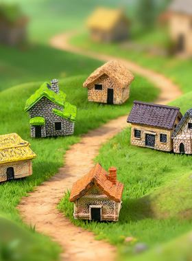 微景观手工复古茅草石屋房子摆件