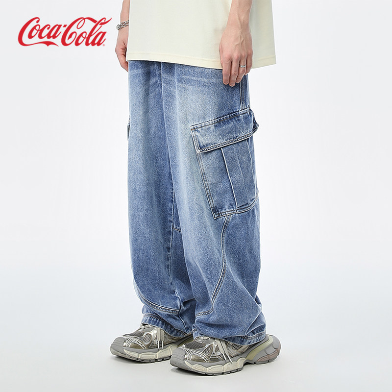Coca－Cola/可口可乐工装复古宽松休闲字母刺绣牛仔裤男女同款