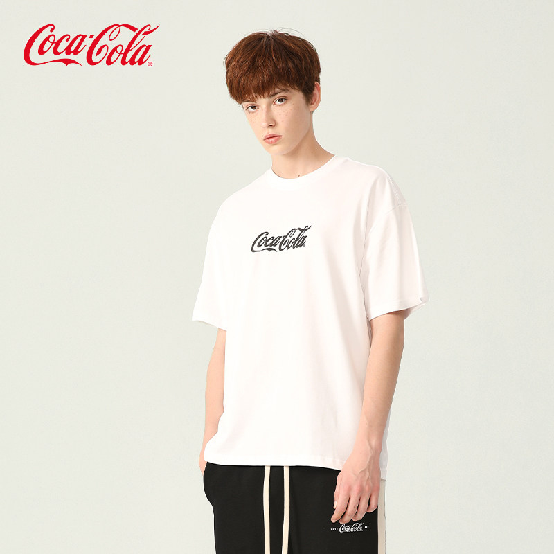 Coca-Cola/可口可乐 白色短袖T恤男美式潮牌字母印花纯色情侣夏装