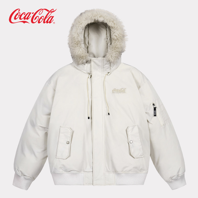 Coca-Cola可口可乐 可拆卸毛领拉链口袋连帽保暖派克棉服男