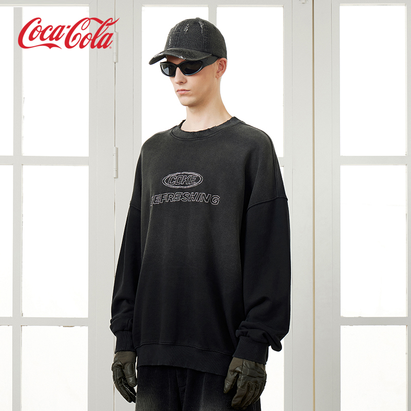 Coca－Cola/可口可乐渐变破洞字母刺绣重磅落肩圆领卫衣 男女同款