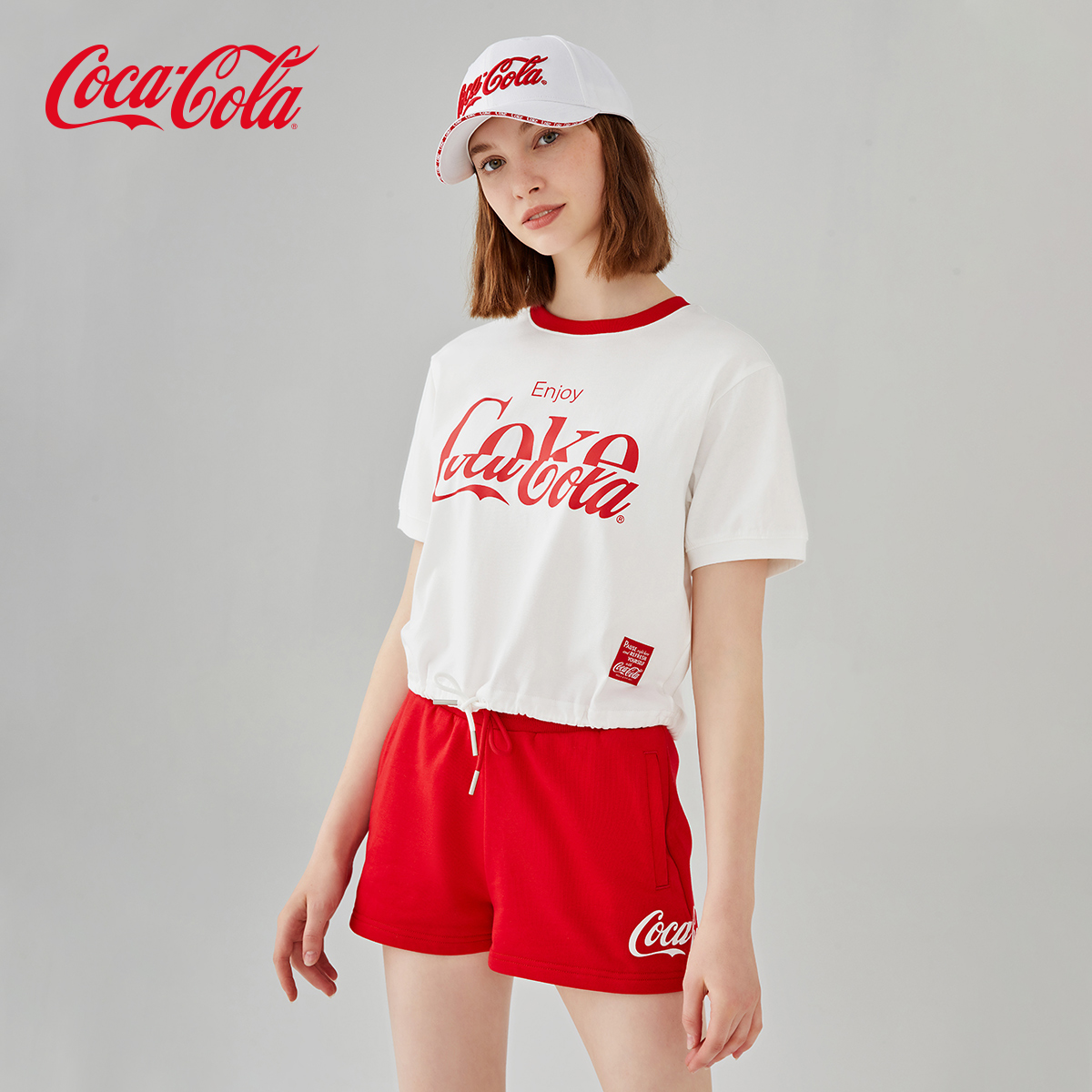 Coca-Cola/可口可乐官方纯棉短袖运动休闲抽绳短上衣宽松圆
