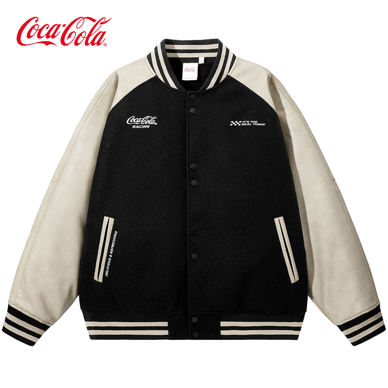 Coca-Cola可口可乐 PU皮夹克男美式刺绣春秋款外套毛呢棒球服女