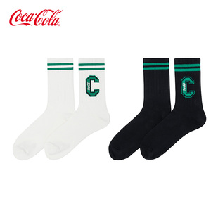 2双装 Coca 条纹字母印花篮球运动中筒长袜男女同款 可口可乐 Cola