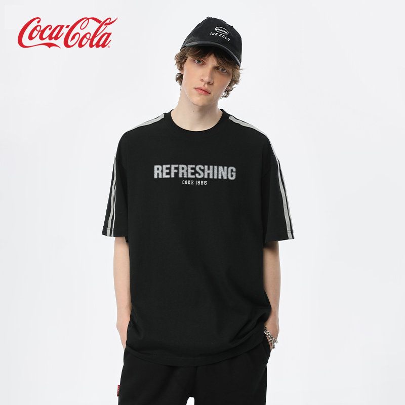 Coca－Cola/可口可乐印花织带拼接撞色运动重磅短袖T恤 男女同款