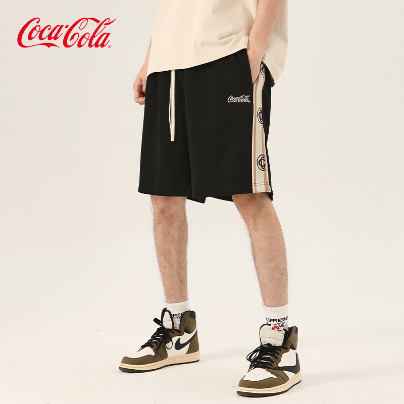 Coca-Cola/可口可乐 美式重磅短裤男条纹拼接刺绣休闲宽松五分裤,男装,休闲裤,淘宝优惠券,粉丝福利购,淘宝优惠卷