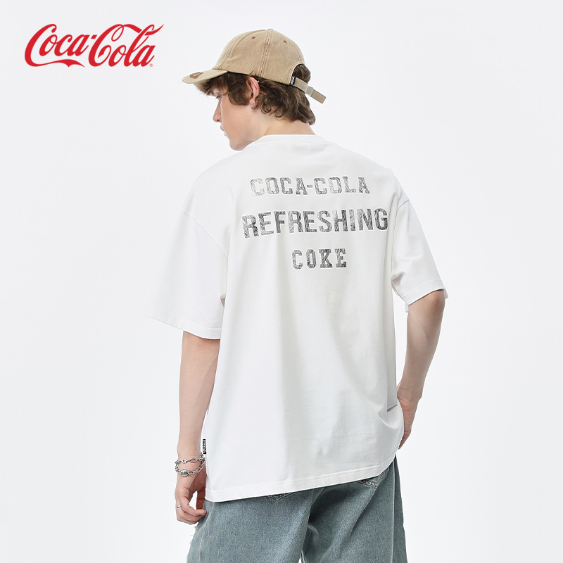 Coca－Cola/可口可乐短袖T恤男夏季斑驳印花做旧水洗情侣上衣