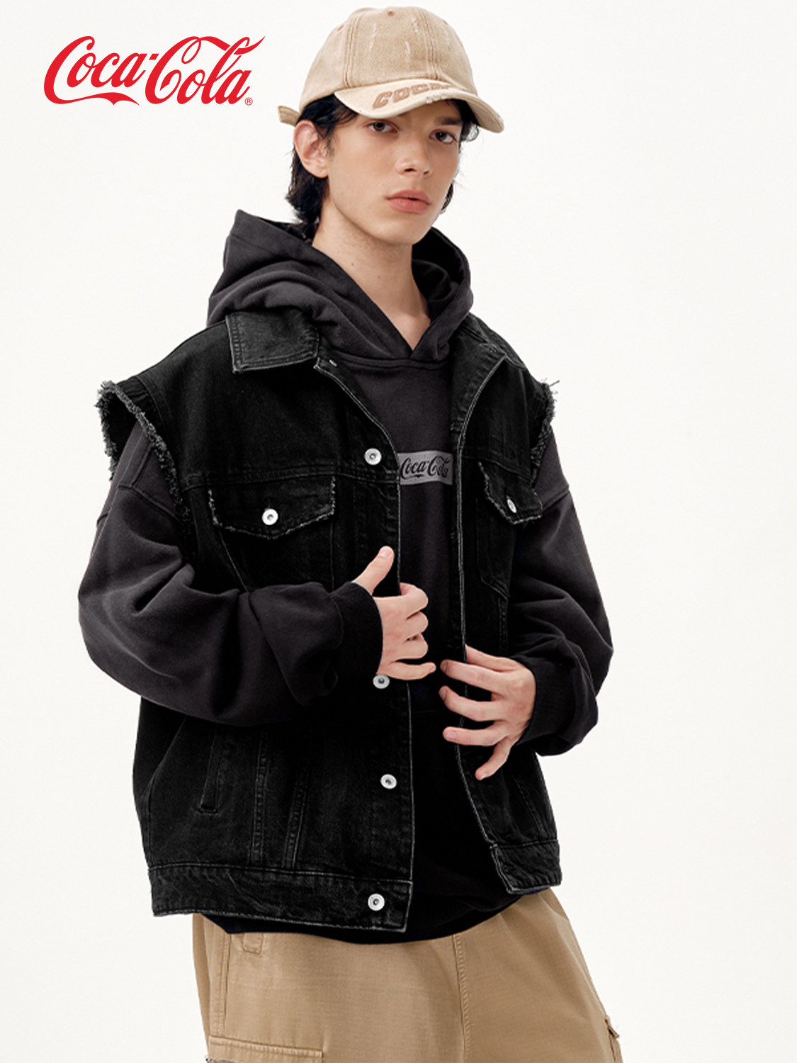 COCA-COLA DENIM VEST MENS SPRING AND AUTUMN EMBROIDERY DISTRESSED DENIM SLEEVELESS JACKET WOMENS