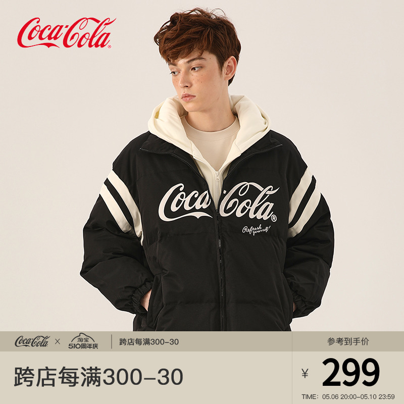 Coca-Cola/可口可乐 假两件棉服加厚连帽棉外套情侣冬装男女同款