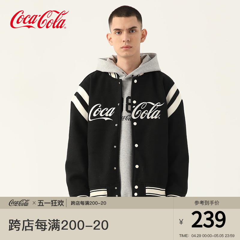 Coca-Cola/可口可乐 美式棒球服男毛呢拼接春秋情侣夹克立领外套