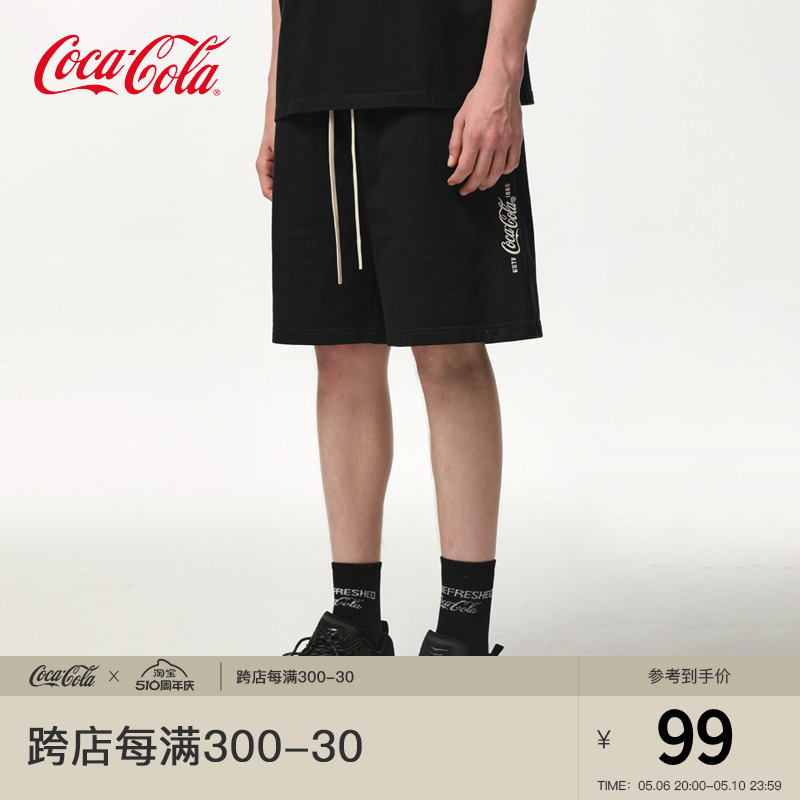 Coca-Cola/可口可乐 短裤男纯色拼接字母logo刺绣休闲宽松五分