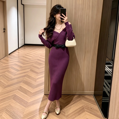 灰尘邓邓 V领针织连衣裙女2026秋冬季法式收腰长裙包臀裙长袖裙子