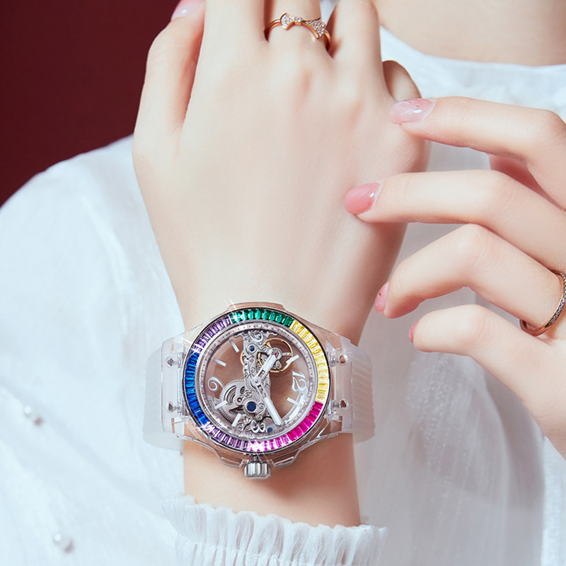 衡宝罗透明镂空全自动机械手表女男士情侣夜光防水时尚彩虹圈水钻