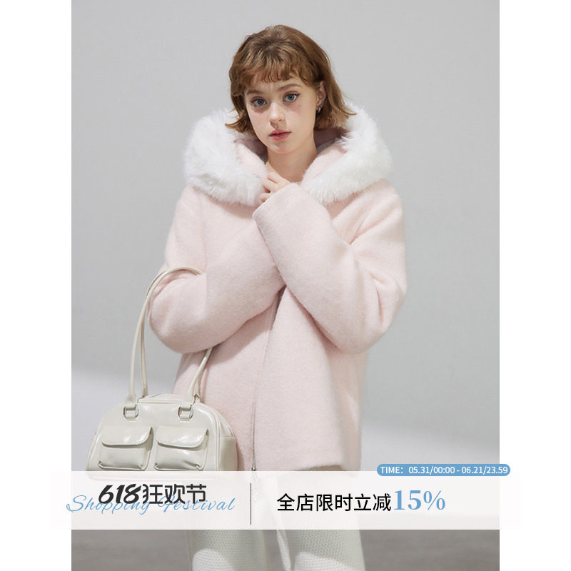 WPsense粉色冬季加厚短款呢子大衣女夹棉连帽毛呢短外套可拆毛领