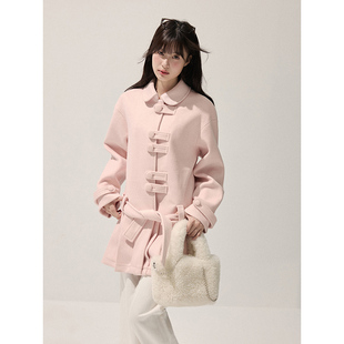 正肩收腰呢子大衣 小个子中长款 WPsense粉色毛呢外套裙女冬季 新款