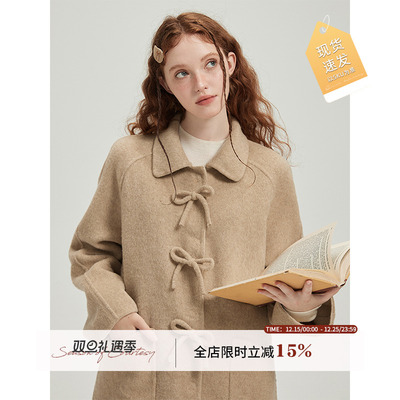 WPsense 蝴蝶结中长款双面呢子羊毛大衣女秋冬灰色宽松毛呢外套