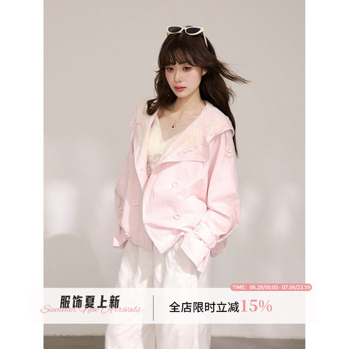 WPsense粉色拼接蕾丝连帽风衣2026春季防风夏季防晒薄款外套女