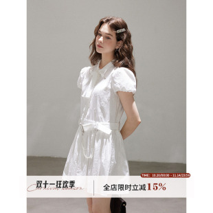 WPsense原创白色全棉绣花收腰连衣裙女夏小个子绝美泡泡袖 短裙子