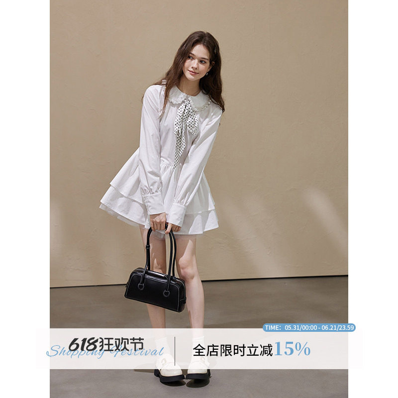 WPsense原创镶钻娃娃领衬衫连衣裙女秋蕾丝拼接设计感蓬蓬短裙子