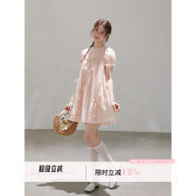 WPsense原创粉色蝴蝶结压褶天丝短袖连衣裙女夏设计感甜美短裙子