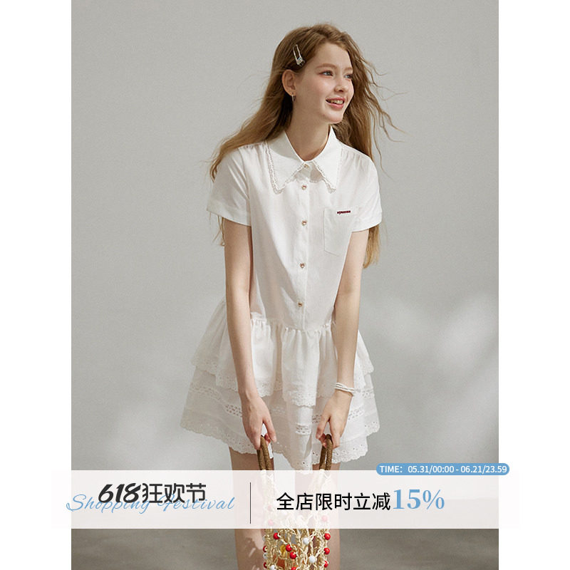 WPsense原创白色刺绣蕾丝花边短袖衬衫连衣裙女夏短款设计感裙子