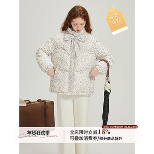 WPsense可拆卸蝴蝶结立领90白鸭绒碎花羽绒服女冬季设计感面包服