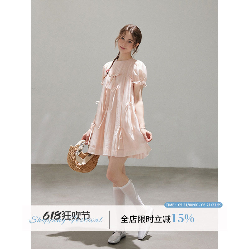 WPsense原创粉色蝴蝶结压褶天丝短袖连衣裙春季设计感甜美短裙子
