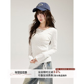 WPsense白底蓝碎花假两件2026年春季 长袖 T恤波点拼接设计上衣