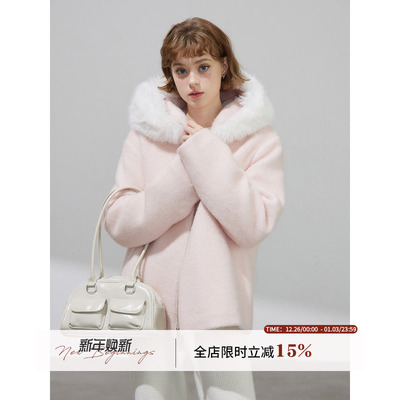 WPsense粉色冬季加厚短款呢子大衣女夹棉连帽毛呢短外套可拆毛领