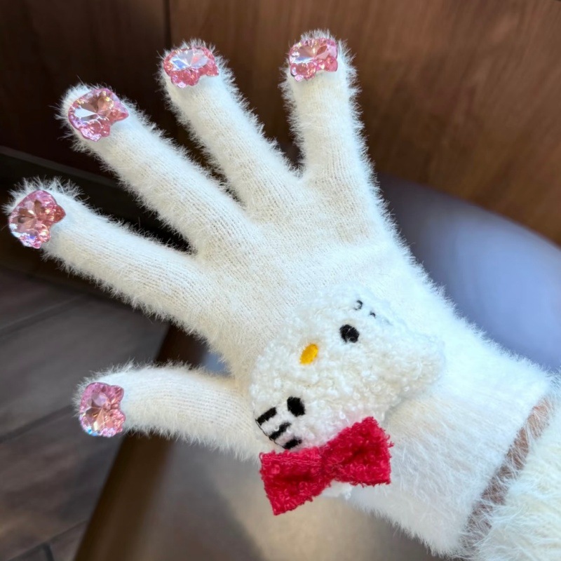 kt猫玩偶钻石毛线手套保暖冬防冻HelloKitty女防寒学生骑车仿兔绒