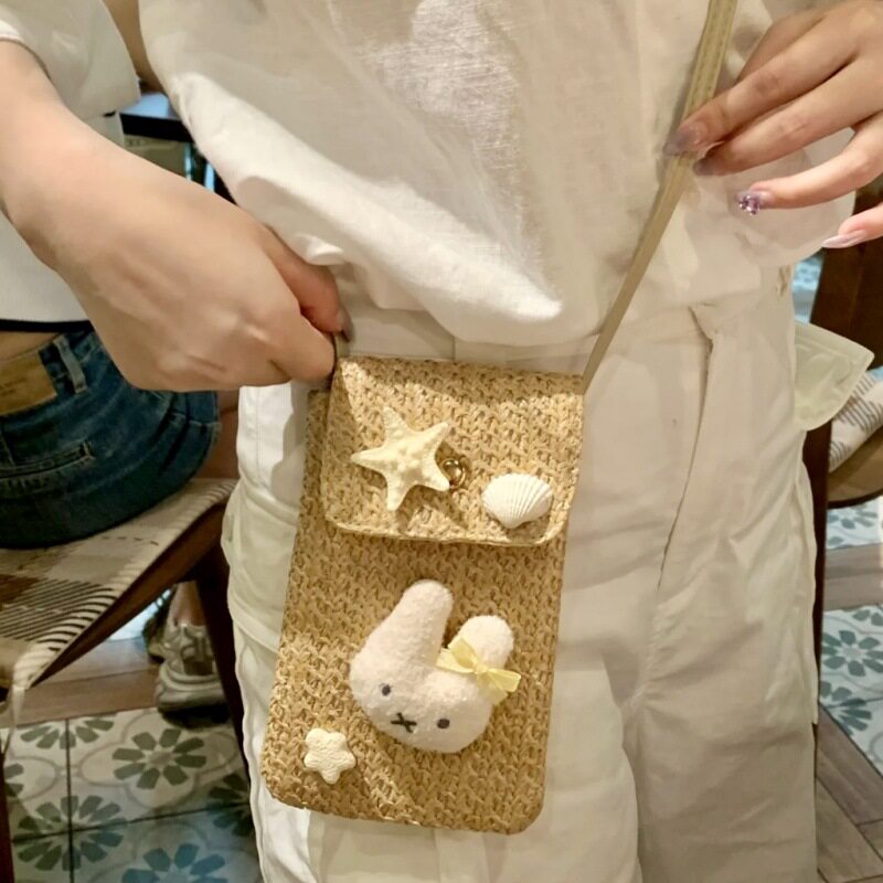 米菲编织手机包女夏沙滩kt猫黑皮HelloKitty斜挎包眼镜相机包腰包