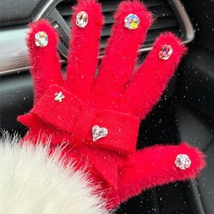 新年春节蝴蝶结手套仿貂毛冬季 防寒防冻户外骑车骑行学生保暖